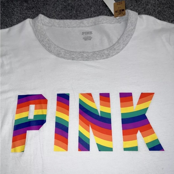 Victoria’s Secret PINK Rainbow Pride Shirt NWT Large Ringer White Logo - Picture 2 of 5